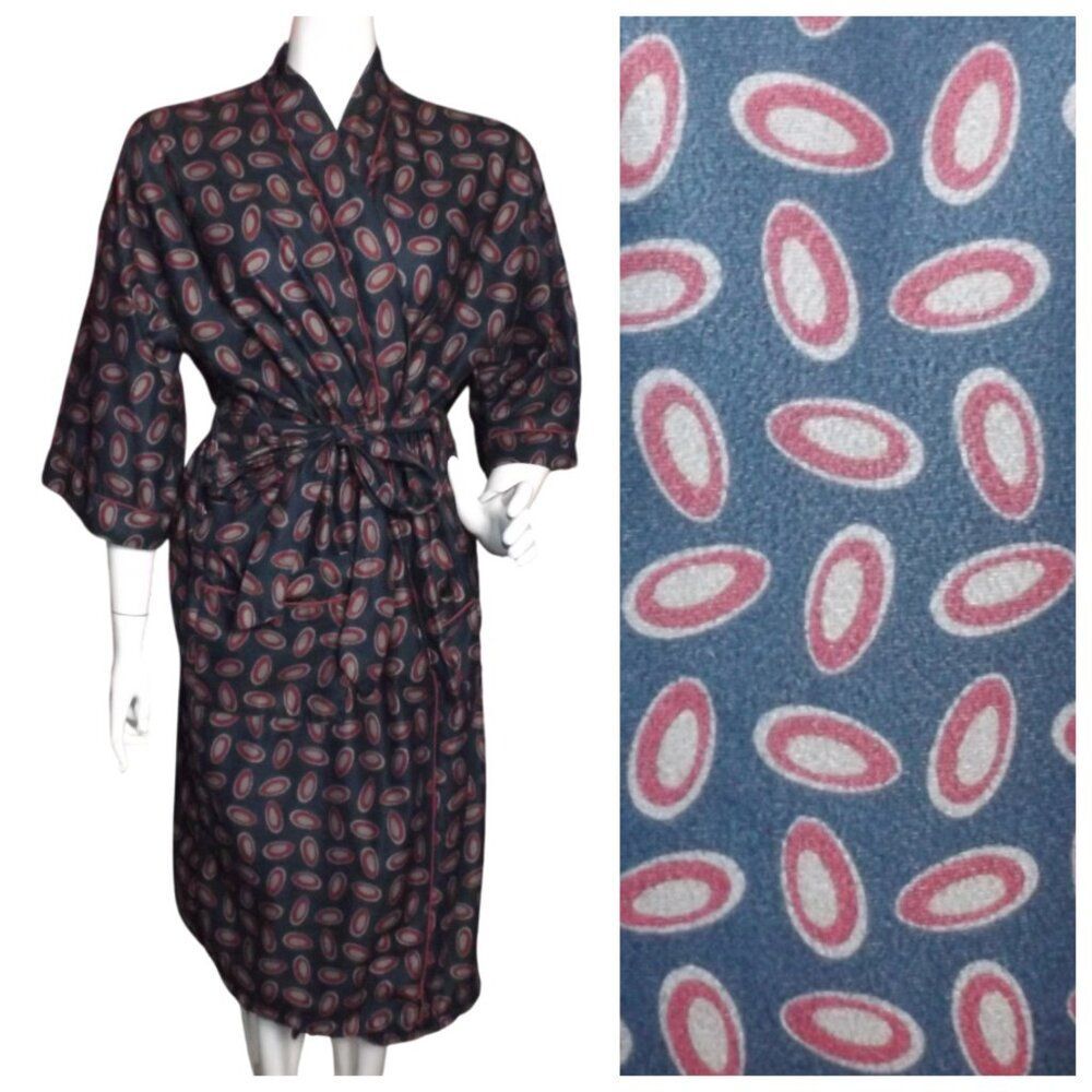 PIERRE CARDIN Robe, OS, Blue/Red & Gray Oval dots, Sash, Pockets 3/4 sleeve